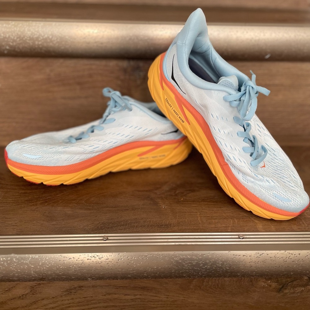 Hoka Clifton shoes 7.5 light grey/blue with orange soles